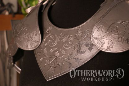 Leather Silver Etched Gorget & Pauldrons Set | S