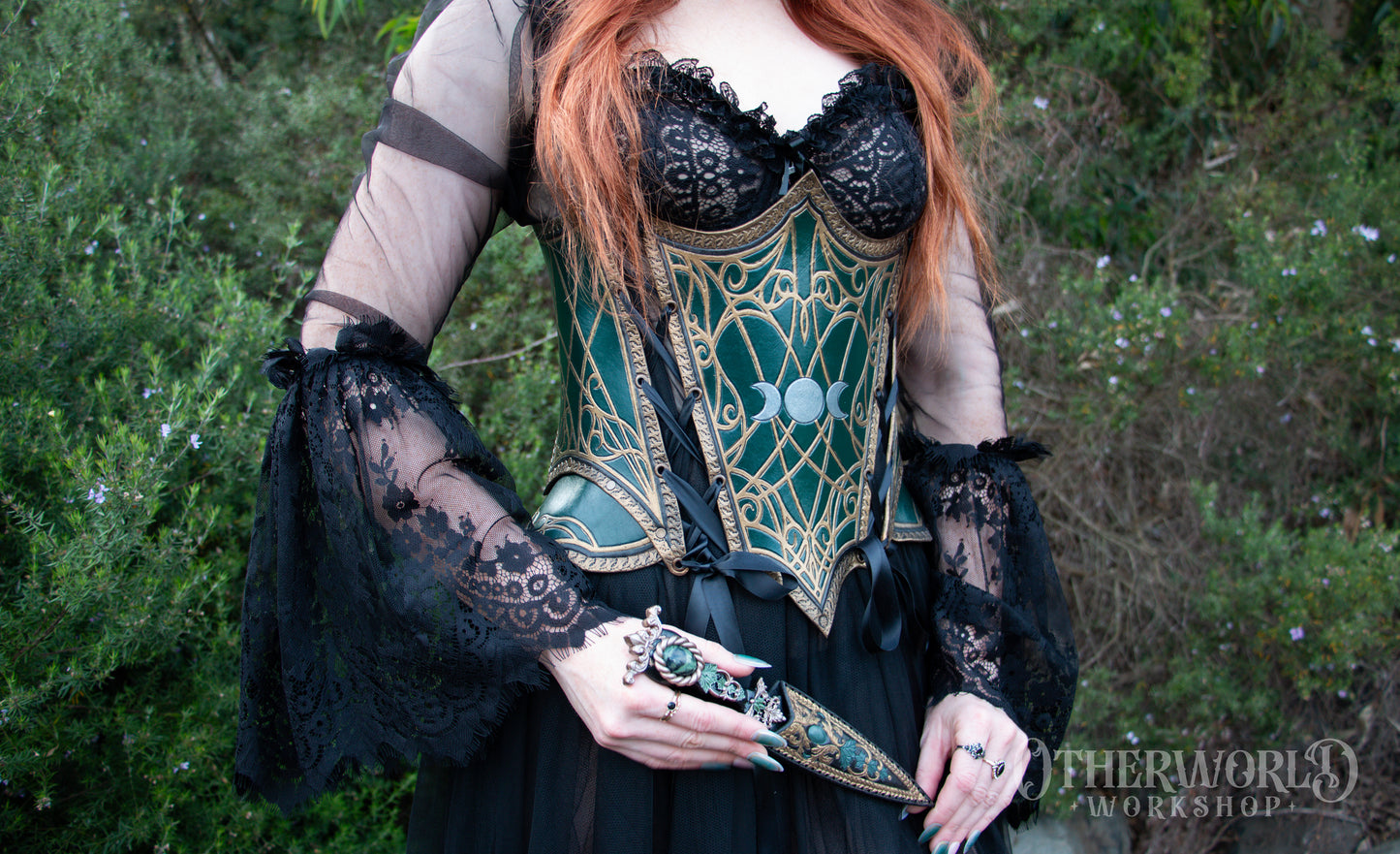 Leather Green & Gold Gothic Underbust | XS