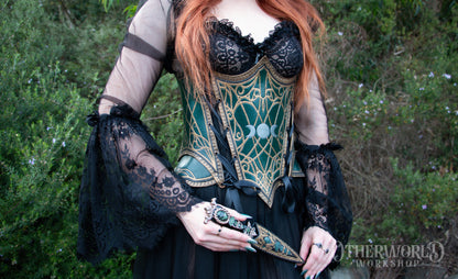 Leather Green & Gold Gothic Underbust | XS