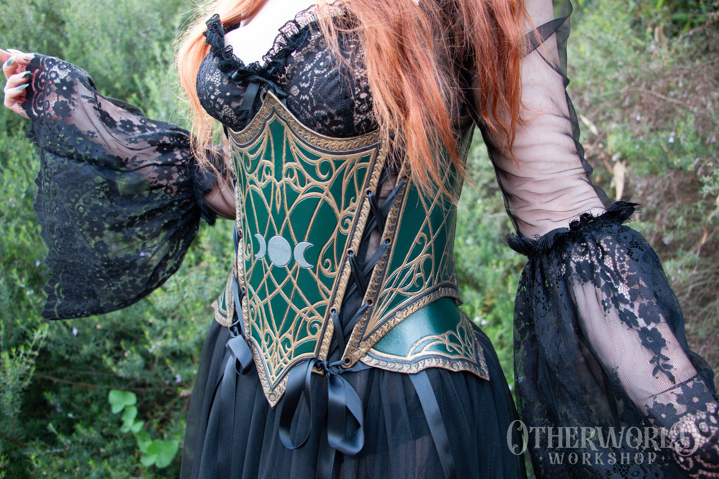Leather Green & Gold Gothic Underbust | XS