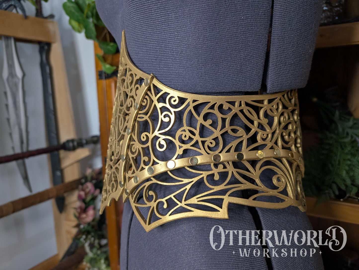 Leather Gold Vine Thorn Waist Belt | S